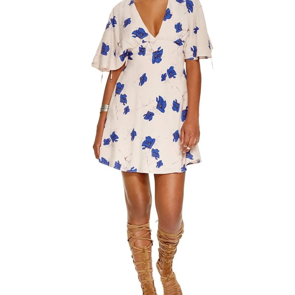 Free People Melanie Dress V-Neck Short Sleeve Mini Floral Pearl Combo